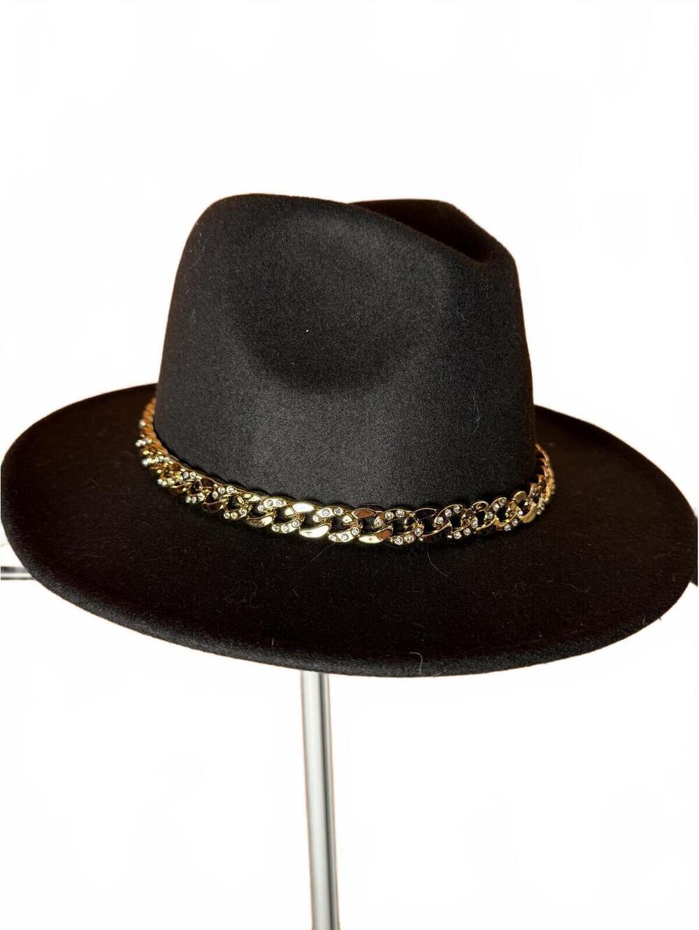 Kendall + Kylie Black Felt Fedora Hat with Gold Chain Accent